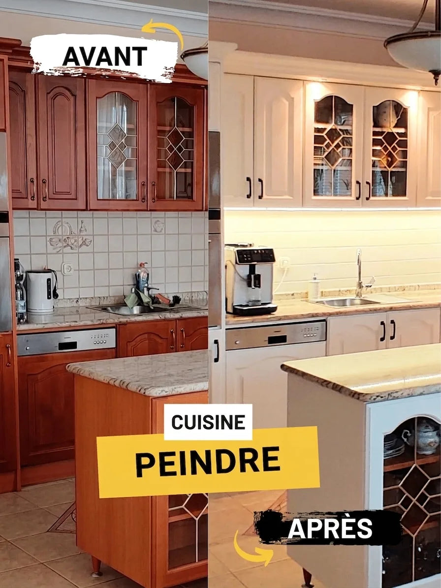 Transformation de cuisine : meubles bois repeints en clair pour un look moderne. Avant/Après peinture.