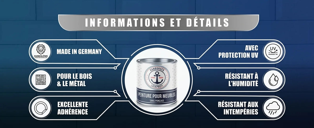 Peinture Made in Germany pour bois/métal. Adhérence, protection UV, résistance à l'humidité et intempéries.
