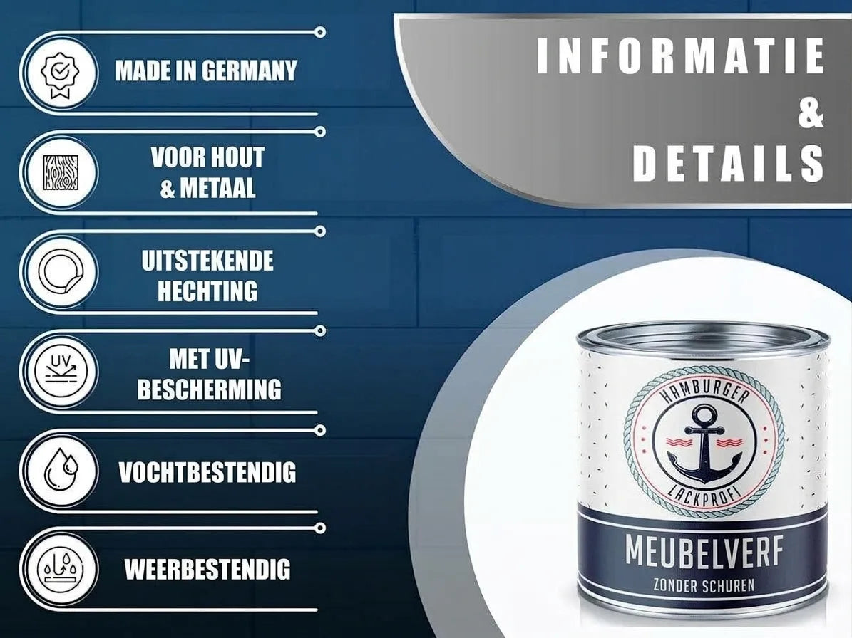 Blik Hamburger Lack-Profi meubelverf, Made in Germany, voor hout & metaal, met UV-bescherming, vocht- & weerbestendig.